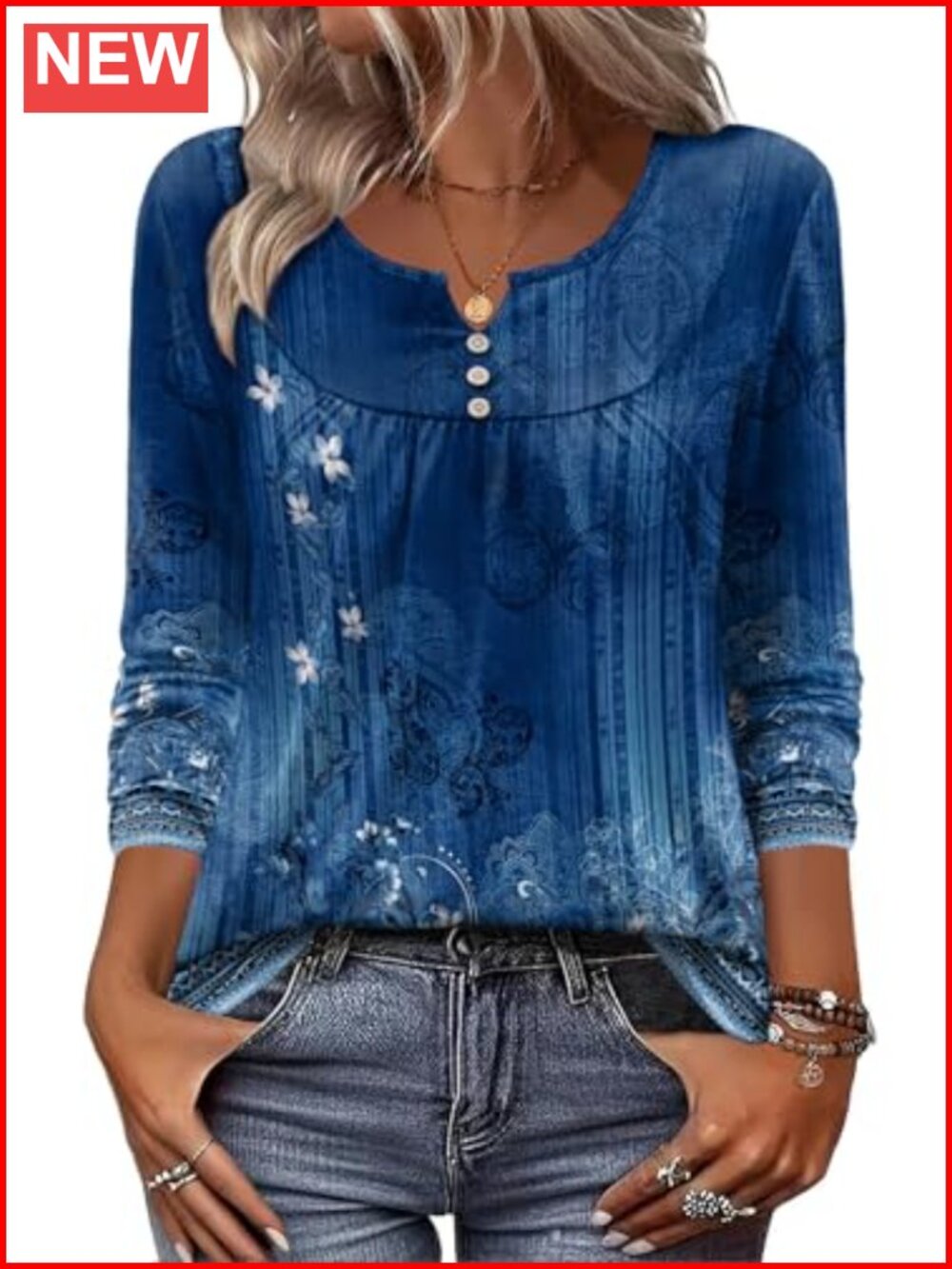 Womens Tunic Top Long Sleeve V Neck Pleated Henley Blouse Loose Fit